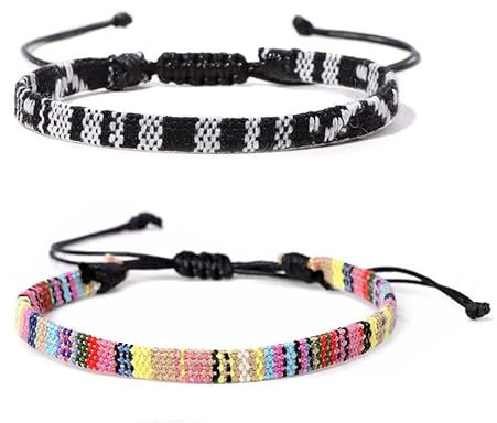 2 Pièces Bracelet de cheville pour hommes et femmes - boho hippie - accessoires de plage et de festival fabriqués à la main coton écologique imperméable et ajustable (Noir et blanc + couleur)