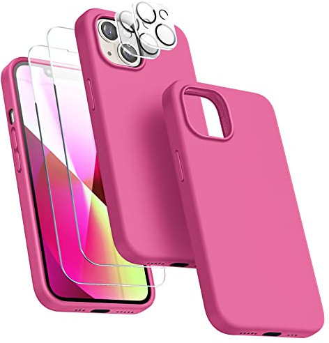 Dssairo [5-in-1 Entworfen für iPhone 13 Hülle, mit 2 Displayschutzfolien + 2 Stück Kameraobjektivschutz, Flüssigsilikon, schlanke, stoßfeste Schutzhülle [Mikrofaserfutter] 6.1 (Hot Pink)…