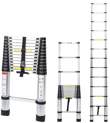Cecaylie 3,8M Teleskopleiter Aluminium Mehrzweckleiter mit 2 Abnehmbarem Haken, Leiter Teleskop-Design, 150 kg/330 Pfund Belastbarkeit, Stehleiter Rutschfester, Silber