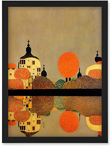 Wee Blue Coo Gustav Klimt Style Autumn Lakeside Town Church Reflection Artwork Framed Wall Art Print A4
