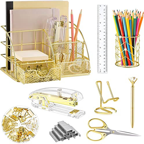 KAAKOW Goldfarbene Schreibtisch-Organizer und Zubehör, Bürobedarf-Set, Hefter, Stifthalter, Handyhalter, Schere, Stift, Lineal, 22 Binderklammern, 20 Reißnägel und 1000 Heftklammern (Gold)