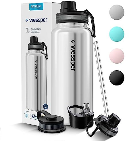 Wessper Gourde Thermique en Acier Inoxydable 1L Anti-fuite Bouteille Isotherme, Thermos sans BPA avec 3 Couvercles | Gourde Argent Élégante Sport | Gourde Isotherme Enfants Adulte pour Camping