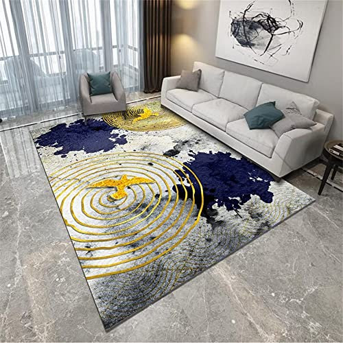 RUGMRZ Deko Terrasse Webteppich Gelbe runde dekorative Blaue Tusche malerei Serie Moderne Anti-Milben Teppich Teenager Mädchen 90X150CM