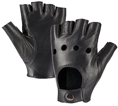 MGGMOKAY Damen Fingerlose Schaffell Autofahrer Lederhandschuhe Rock Punk Handschuhe,Schwarz,L