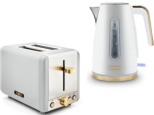 Tower Cavaletto 1.7L 3KW Jug Kettle & 2 Slice Toaster in Optic White with Brushed Champagne Gold Accents. Contemporary Matching Kettle & 2 Slice Toaster Set