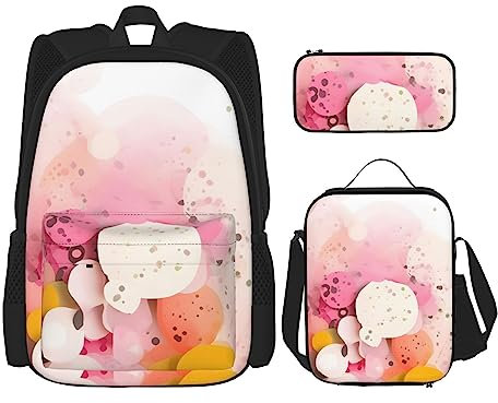 Rosa Papier Schneiden Kunst Rucksack 3-teilige Schultasche mit Lunchbox und Federmäppchen Set > Geeignet für Jungen und Mädchen, Schwarz , Einheitsgröße, Kinderrucksack