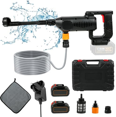 panthem Hidrolimpiadora Bateria, 725PSI 800W Pistola Hidrolimpiadora Portatil, Pistola de Agua a Presión con 2 Batería de 6000mAh, Boquillas 6 en 1, Limpiadoras a Presión para Jardín, Autos