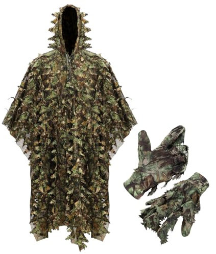 PELLOR Ghillie Umhang mit Handschuhe Ghillie Suit Tarnanzug Schnelltrocknend, Tarnkleidung für Jagd Camping Outdoor Militär Jagd Verdeckt CS Tierfotografie Festschmuck (Amazon Forest Green)