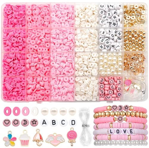Dotilili 3164 Pièces Rose Perles Heishi, 6mm Perle Plate pour Bracelet Kit Bracelet Perle avec Perles Lettres Pendentifs Charms Fabrication de Bijoux pour DIY Collier Cadeaux pour Noël