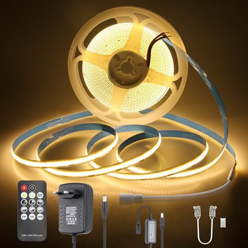 Aclorol COB LED Streifen Warmweiß 5M 12V Hohe Dichte 320LEDs/M LED Flexibel Band Dimmbar mit Fernbedienung CRI>85 3000K Led Leiste Innen Selbstklebend für Unterbau Küche Wohnzimmer Heim Deko