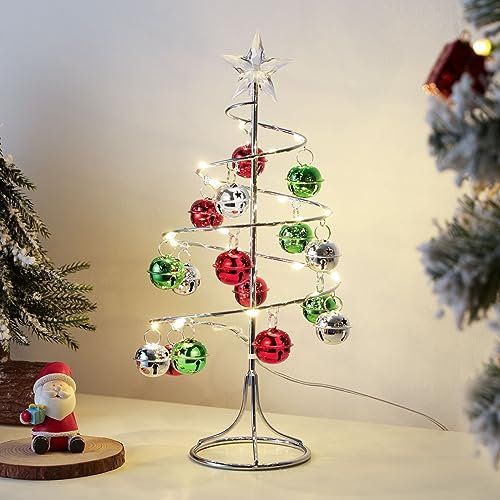 Lewondr Weihnachten Tischlampe, 27,5cm Mini Weihnachtsbaum mit LED Beleuchtung, Glocken & Stern, Spiralförmig Weihnachtsbaum Batteriebetrieb/USB-betrieben Weihnachtslicht, Rot/Grün