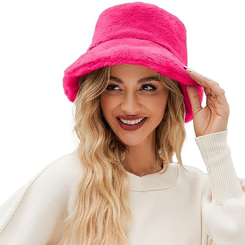 Sonnenhüte Für Männer Fuzzy Bucket Hat für Frauen Faux Superficial Knowledge Bucket Hat Warm Soft Winter Fisherman Cap Furry Sun Hat Hut Rohling (Hot Pink, One Size)