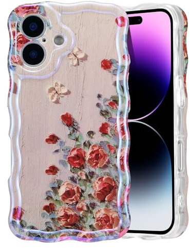 EYZUTAK Case for iPhone 16, Colorful Retro Oil Painting Printed Flower Laser Glossy Pattern Cute Curly Wave Edge Exquisite Phone Cover Stylish Durable TPU Protective Case for Girl Women-Beige