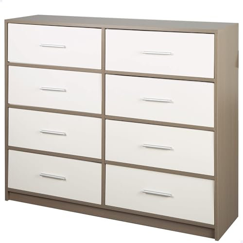AKTIVE Max Home Cómoda dormitorio multiusos, Gris y blanco, 8 cajones de tela ligeros, 114x30x92 cm, Estructura madera, Sistema de almacenaje, Organización hogar, Decoración, Mueble vestidor (18416)