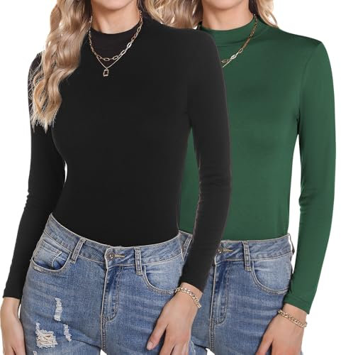 Aottori Damen Rollkragenshirt Langarm Langarmshirt Set Baumwolle Elegant Basic Tops Stehkragen Unterziehshirt Slim Fit Rollkragenpullover Dünn Casual Schwarz+Grün M