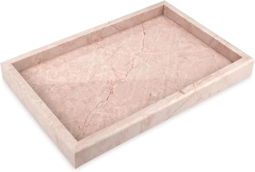 30x20x3cm Natural Marble Stone Tray, Rectangle Marble Vanity Tray Organizer, 2.4KG Marble Coffee Table Serving Tray, Decorative Toilet Tank Storage Tray Bath Tray for Bathroom,Vanity,Sink (Pink)
