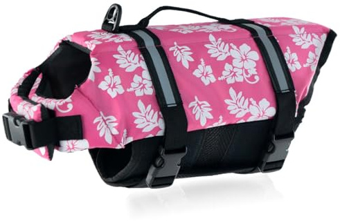 FANSU Gilet de Sauvetage pour Chien avec Poignée, Gilet de Sauvetage Réglable pour Chiens de Petite, Moyenne et Grande pour Sécurité de l'eau Plage, Piscine (XL,Fleur Rose)