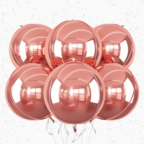 6Pcs Rose Gold Round Foil Balloons,22 Inch Metallic Rose Gold Giant 4D Round Ball Balloons for New Years Birthday Wedding Graduation Prom Party Decorations