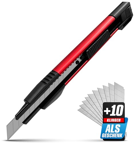 Cuttermesser Profi mit Abbrechklingen 9mm – Universalmesser Teppich- und Trockenbaumesser Cuttermesser 2-K Griff mit Aluminium und Kunststoff – Messerset inkl. 10 SK5 Carbonstahl Klingen GRAFF