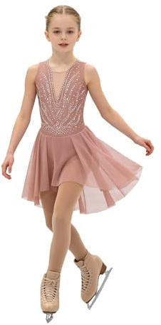 Hansber Robes De Patinage Artistique Filles Strass Paillettes Robe De Danse sans Manches Body Danse Patchwork Maillot Justaucorps avec Jupe en Chiffon #6-16 Ans