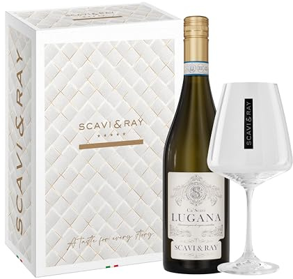 SCAVI & RAY Lugana DOC Weißwein Geschenkset mit Glas 13% Vol. - 0,75l | Trockener frischer Weißwein aus Italien mit Designglas, elegantes Präsent für Weinliebhaber und stilvolle Anlässe
