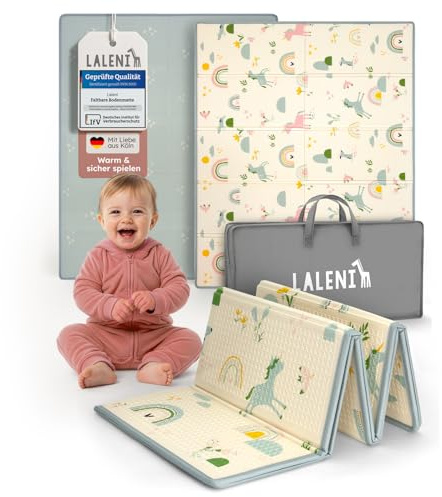Laleni Krabbelmatte Baby 150x180x1 cm - wasserdichte Baby Spielmatte faltbar - isolierende Bodenmatte Kinder - weich & schützt vor kaltem Untergrund - Krabbeldecke outdoor & indoor - Einhorn-Motiv