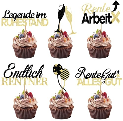 24 Stück Glitzer Rente Deko Cupcake Toppers,Ruhestand Deko | Alles Gute zum Ruhestand,Endlich Rentner Cake Topper für Rentner, Renteneintritt, Geburtstagsfeiern, Party