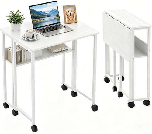 Aptliton 63cm Folding Desk with Storage Shelf, Space Saving Computer Desk, Foldable Writing Table on Wheels, Writing Study Desk, Easy Assembly, for Home Office Small Space