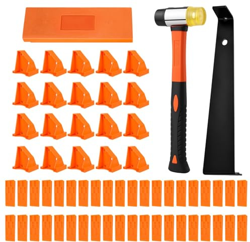 63-teiliges Laminat- & Parkett-Verlegeset – Bodenwerkzeug | Das Bodenverlege-Werkzeugset enthält:20 Montagekeile,40Pcs Abstandshalter,1* Schlagklotz,1*Zugstange 1*Doppelseitiger Hammer