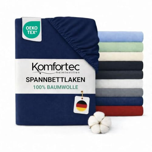 Komfortec Spannbettlaken Jersey 100% Baumwolle – 120x200 cm – 135g/m² – Weich, Atmungsaktiv & Hautfreundlich – Mit Rundumgummi – Oeko-Tex Zertifiziert – Für Boxspring, Topper & Matratzen – Blau