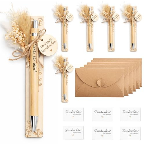 Auibor Dankeschön Geschenke klein – 6er Set Kugelschreiber, Trockenblumen, Holz Lesezeichen & Holzscheiben, Postkarten + Umschläge – Geschenke für Kollegen, Geschenk Erzieherin, Lehrerin Geschenk