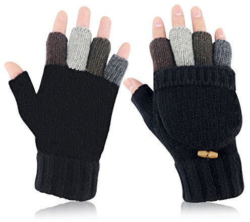 Akayboya Warme gestrickte fingerlose Handschuhe wandelbare Wollhandschuhe mit Fäustling-Bezug für Damen und Herren, Schwarz, Large