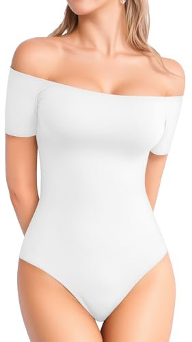 MANGOPOP Off The Shoulder Long Sleeve Short Sleeve Bodysuit for Women, Short Sleeve White, Medium