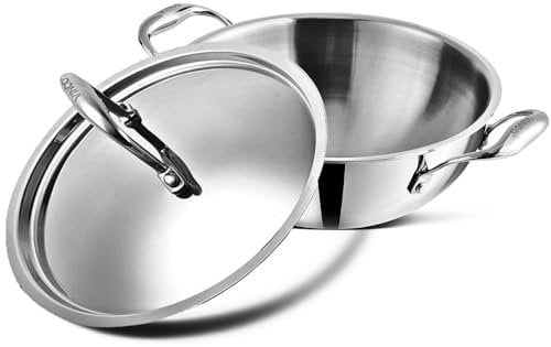 Vinod Platinum Triply Extra Deep Kadai with Lid - 2.5L, 22 cm | Stainless Steel Cooking Pan for Frying, Curries, Saute | Heavy Base Frying Wok | Induction & Gas Stove Compatible | Easy-Grip Handles