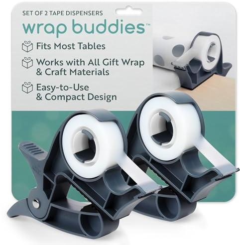 Wrap Buddies Gift Wrapping Paper Clamps - 2 Holder Clips with Integrated Tape Dispensers, Simple Table Clamps for Gift Wrap (Slate Gray)
