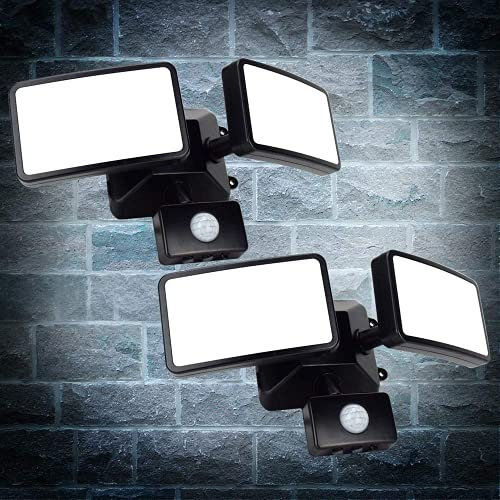 Depuley 2er LED Außenleuchte mit Bewegungsmelder 180°Einstellbar, 20W Strahler Außen mit Doppelkopf, 5.11 * 3.14in, Multi-Winkel, Schwarz, 1600LM, 6000k Kaltweiß für Park Garten Garage Eingang