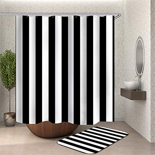 Cortina de Ducha Antimoho Impermeable, 3D Impresión Poliéster de Tela Cortinas de Baño con 12 Anillas Cortina de Bañera Lavable para Baño Decorativas (Rayas Blancas Negras,120x180cm)