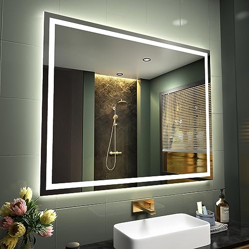 GANPE LED Sensor Spiegel, Hand Wave Induktion Vanity Spiegel mit Blutooth, beleuchtet dimmbar Anti-Beschlag IP44 Wasserdicht + Vertikaler & Horizontaler Wandmontagespiegel (100 x 80 cm)