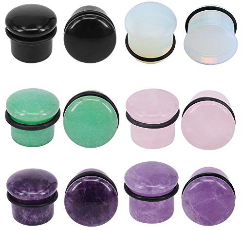 PunkTracker 6Paare 4g-11/16 Multiple Stone Single Flared Ohrstöpsel mit Silikon O-Ring Expander Tunnel Dehnungsstäbe Set