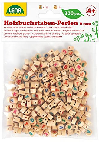Lena 32051 - Bastelset Buchstabenperlen aus Holz, Set mit 300 runden Fädelperlen und mit bunten Buchstaben, Holzperlen Set für Kinder ab 3 Jahre, zum selber basteln von Perlen Schmuck, Natur Braun