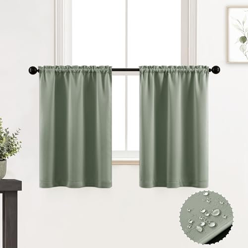 XTMYI Badezimmer-Vorhänge, Fenster, Eukalyptus, Salbeigrün, wasserdicht, kleine Ebenen, Boho-Küchenvorhänge, 61 cm Länge, 2er-Set