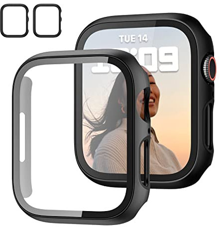 JZK 2 Stück Hülle für Apple Watch Series 9 (2023)/Series 8/iwatch Series 7 45mm, Glas Displayschutz Kompatibel mit iWatch, Schutzhülle HD Ultradünne Schutz Zubehör, Schwarz