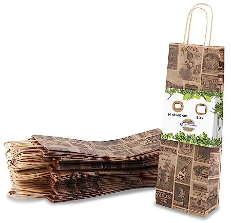 BIOZOYG 50 pièces Sacs pour bouteille Pochettes cadeaux avec poignée 14x8x40cm en papier kraft grammage 100 G/M2 emballage de bouteilles I pochette à vin I sachet en papier I Natur Bacchus