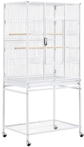 Abician Grande Cage à Oiseaux sur Pied en Métal, Cage d'élevage à roulettes avec Loquet Robuste, Étagère de Rangement, 136cm de Haut, Petits Oiseaux Blanc