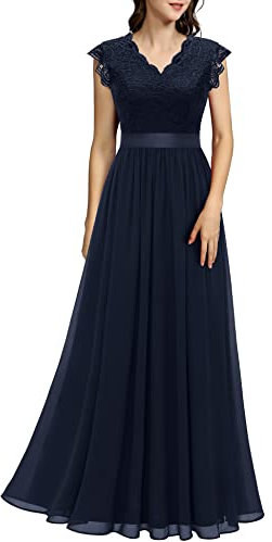 Dressystar Damen Abendkleid Elegant für Hochzeit Spitze Chiffon Lang Ballkleider Maxi Kleid Sommer Mädchen Cocktailkeider Marineblau S