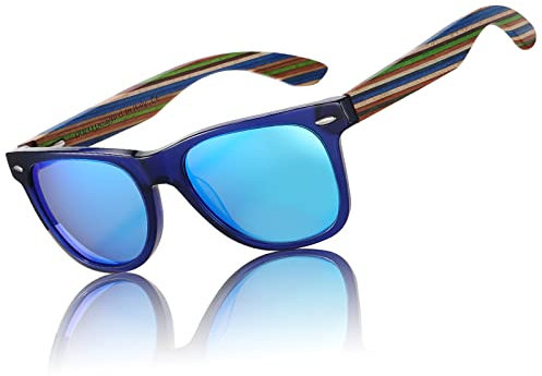 DUCO Polarisierte Sonnenbrille Herren Damen Sonnenbrille polarisiert mit UV-Schutz Walnuss Sonnenbrillen mit Holzrahmen Umweltfreundliche Designerbrille DC2141 (Blau Rahmen Revo Blau)