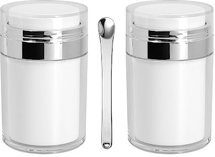 2Pack Airless Pump Jars with Cosmetic Spatula, 3.5 oz Empty Refillable Cosmetic Air Pump Jars Bottles Airless Lotion Cream Dispenser Portable Travel Makeup Containers (Silver)