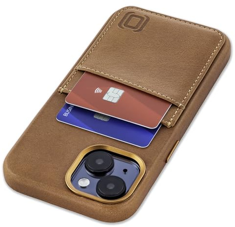 Dockem Genuine Leather Card Case for iPhone 15 with Built-in Metal Plate for Magnetic Mounting, Stitched-on Wallet with 2 Credit Card Pockets (Light Brown, M2GL)