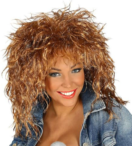 MIMIKRY Tina 80s Disco Queen Shag Cut Perücke Braun Löwenmähne fransig Locken Rockstar Popstar