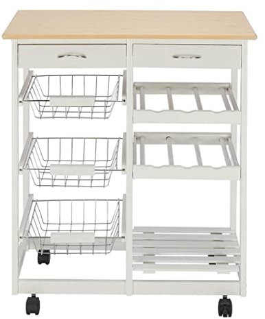 VejiA Moveable Kitchen Cart with Two Drawers & Two Wine Racks & Three Baskets White with Trolley Cart Dining